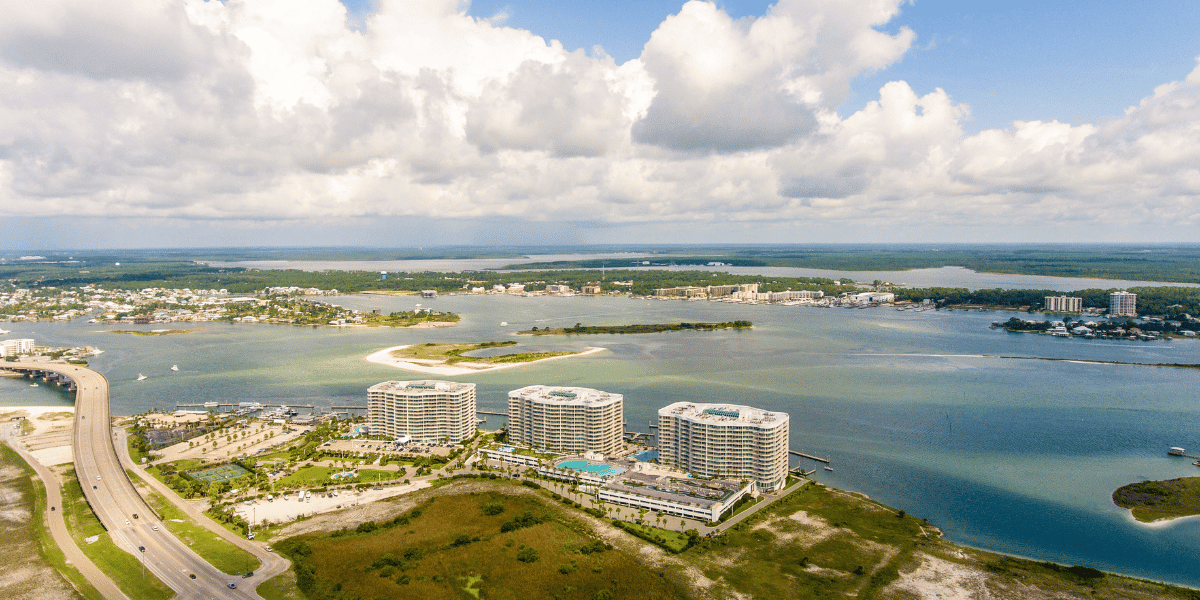 Aerial view of Orange Beach, Alabama looking north from the Gulf of Mexico